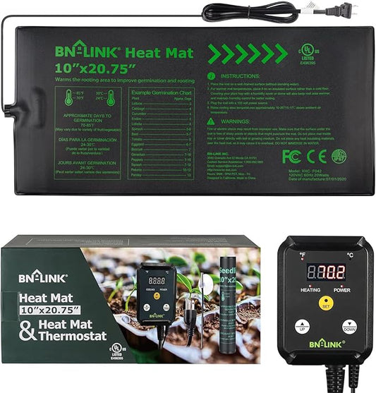 BN-LINK Seedling Heat Mat with Thermostat Controller Combo Set, 10" x 20.75" Plant Heating Mat for Seed Starting with Temperature Control for Indoor Growing, Plants Germination