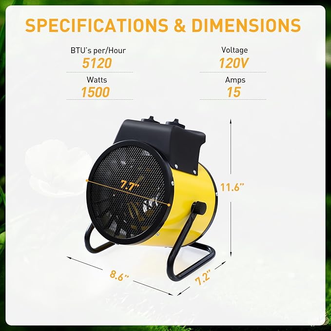 Portable Greenhouse Heater, Overheat Protection, 1500W Radiant Electric Heater for Indoor and Outdoor Use, Garage, Grow Tent, RV, IPX4 Water Resistant, 2 Pieces, Yellow