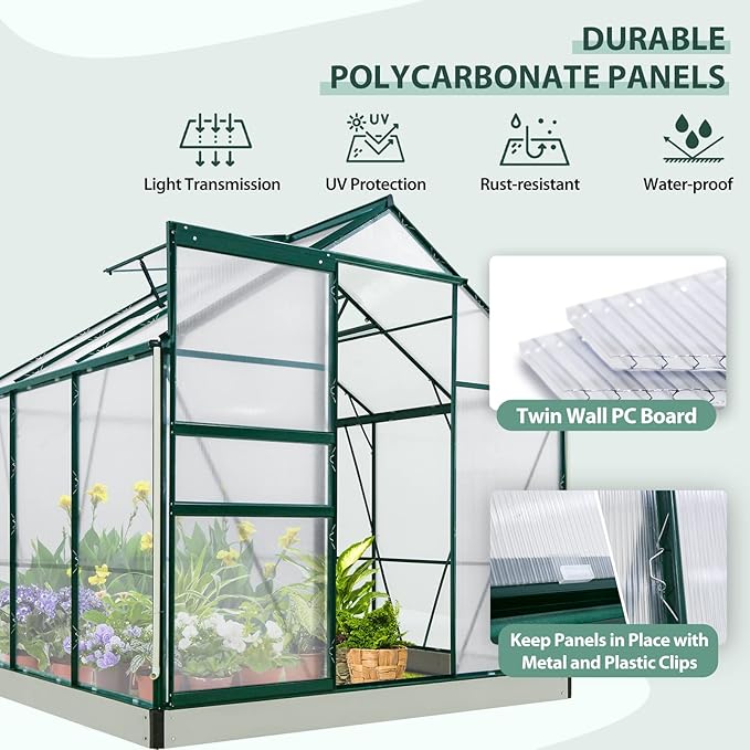 EAGLE PEAK 6x6x7 Outdoor Walk-in Hobby Greenhouse with Adjustable Roof Vent, Rain Gutter, Base and Anchor, Polycarbonate Aluminum Green House for Backyard Garden, Dark Green