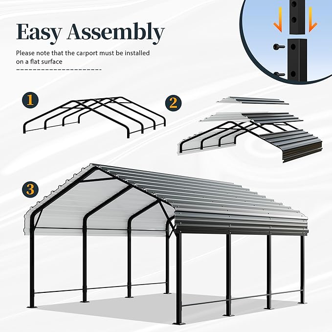 Metal Carport, Heavy Duty Metal Carport Canopy with Galvanized Steel Roof and Frame, Permanent Garage for Pickup, Bass Boat, Trucks, Car and Tractors