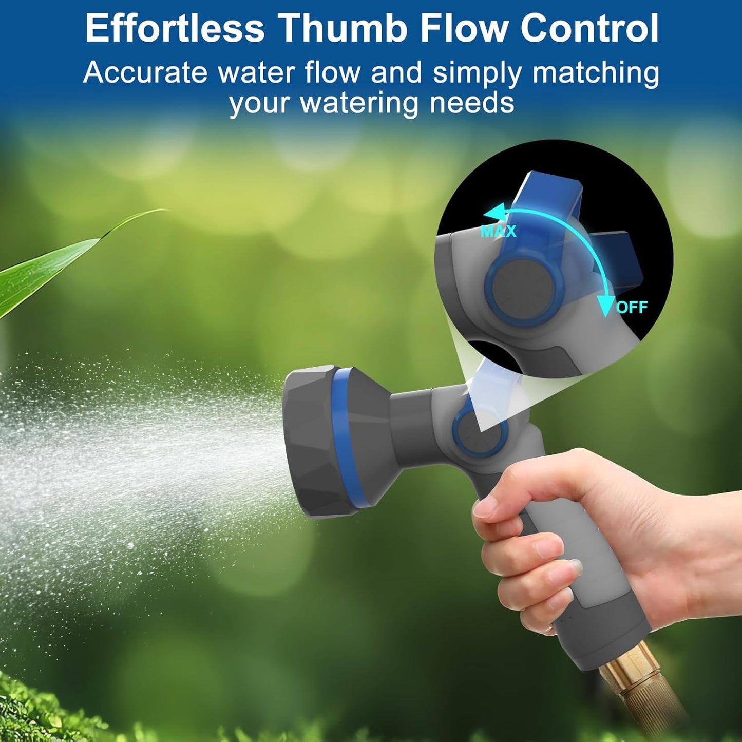 Garden Hose Nozzle heavy Duty - 9 Spray Patterns, High Pressure, Thumb Flow Control, On/Off Valve - Ideal for Lawn Watering, Car Wash & Pet Cleaning