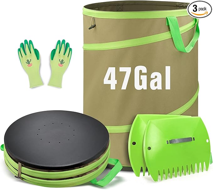 Colwelt Collapsible Garden Bag 47Gallon, Collapsible Leaf Bags with Hard Bottom, Heavy Duty Yard Waste Bag Leaf Bin, Leaf Pop up Trash Can (come with Leaf Scoop, Garden Gloves)