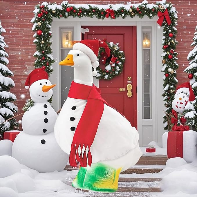 23 Inch Porch Goose Outfit, Seasonal Holiday Decor for Lawn Statues, Halloween Thanksgiving Christmas Goose Clothes Outdoor Costume for Plastic Garden Geese (Christmas Goose, One Size)