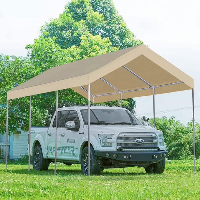 Rutile 12'x20' Carport Canopy ONLY Tent Garage Replacement Top Tarp Car Shelter Cover w/Ball Bungees Beige (Only Top Cover, Frame is not Included)
