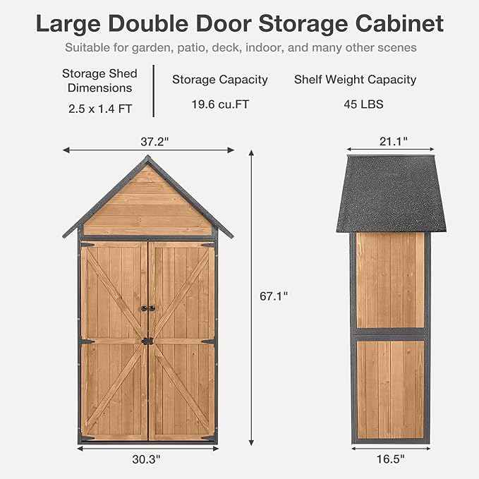Outdoor Storage Shed with Floor and Waterproof Roof - Metal Framed Tool Cabinet with Adjustable Shelves - Double Lockable Doors for Backyard, Garden, Patio (Brown)