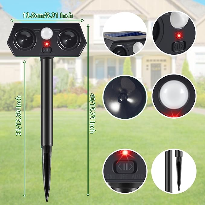4Pack Solar Ultrasonic Animal Repellent Outdoor Solar Deer Deterrent Devices with PIR Motion Sensor, Ultrasonic Cat Repellent to Scare Squirre Dog Rabbit Raccoon Skunk Armadillos for Yard Lawn