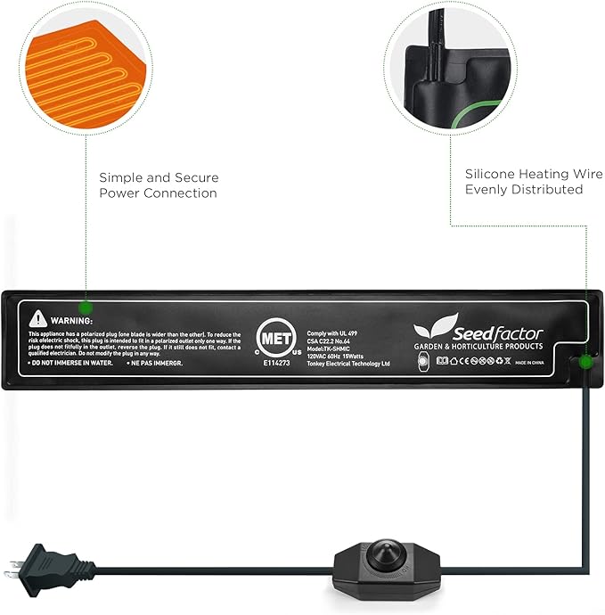 Seedfactor MET Certified Seedling Heat Mat, Adjustable Temperature Waterproof Durable Germination Station Heat Mat, Warm Hydroponic Heating Pad for Indoor Home Gardening Seed Starter