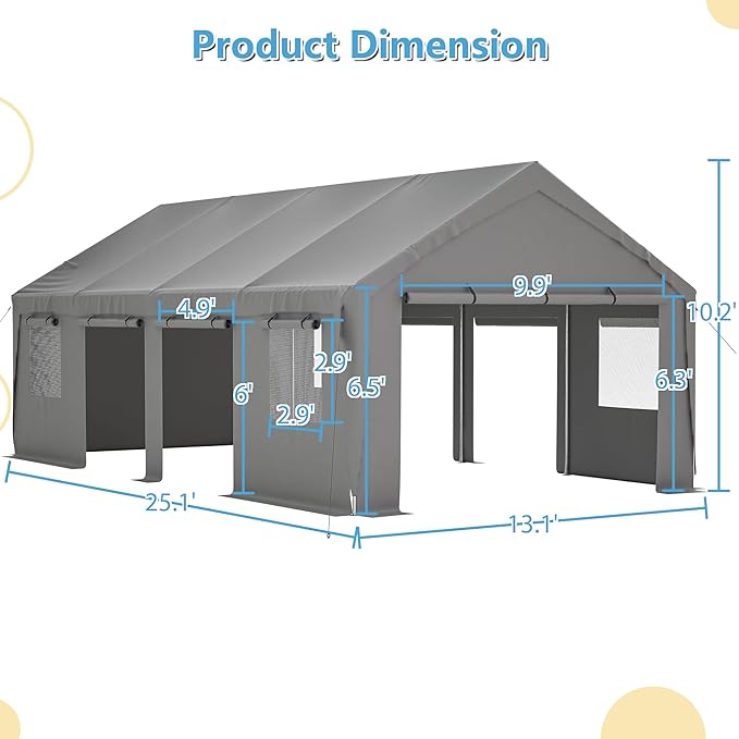 Carport 13'x25'x10' Heavy Duty with Roll-up Sidewall and Ventilated Windows, Portable Outdoor Garage for Car, SUV, Boat, Gray
