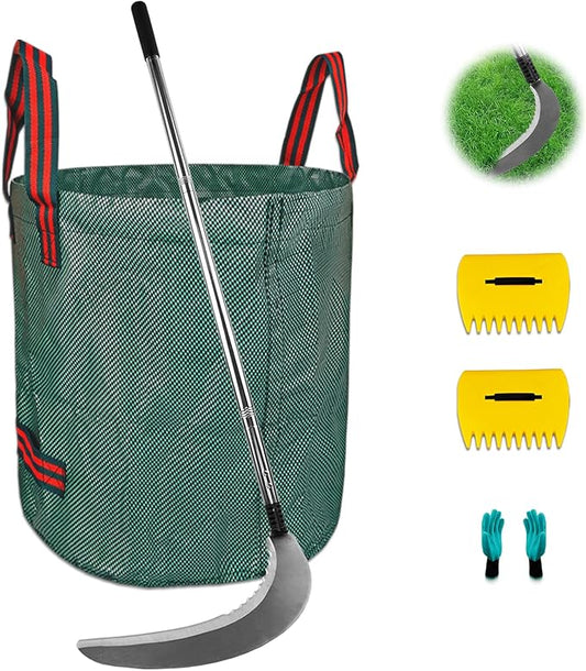Sickle Garden Tool Set, Long Handle Weeding Sickle with Serrated Double-Edged Blade, Grass Sickle Stand Up Weeding Tool with 2 Pack Leaf Scoops, 16 Gallon Lawn Bag with Gardening Gloves for Yard
