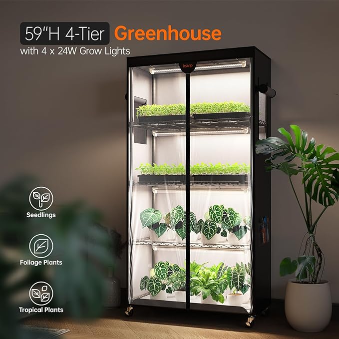 Indoor Greenhouse with Grow Light, Plant Stand with 4 Pack 5000K Full Spectrum Plant Lights , Plant Shelf with Tent for Indoor Plant, Seed Starting, Seed Tray, 29.5"x13.8"x59"