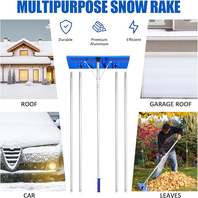 Gisafai Snow Roof Rake Snow Removal Tool with 5 Section Tubes 25 Inch Blade Adjustable 4.8-20 ft Reach Aluminum Shovel Rugged Slide for Single Cabins Car Roof(Blue)