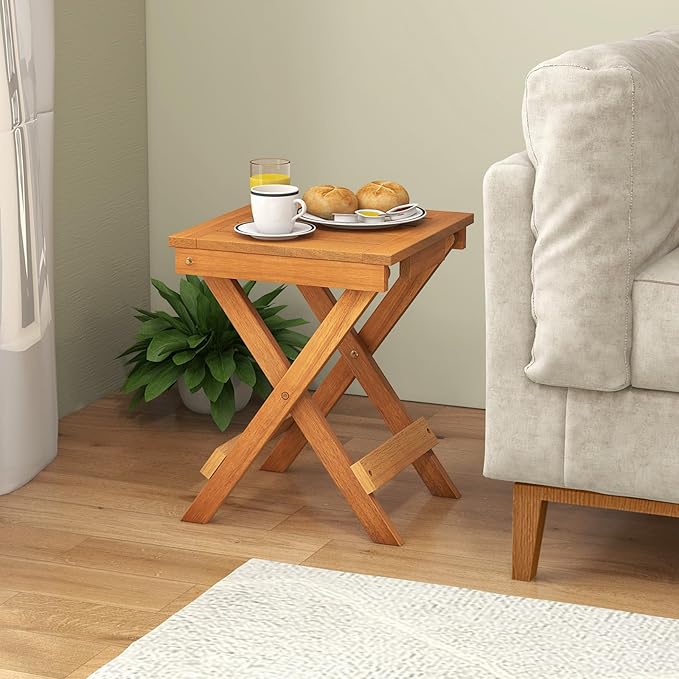 Tangkula Outdoor Folding Side Table, Wood Patio Bistro Table with Slatted Tabletop & X-Shaped Legs, Portable Square Coffee Table for Garden, Poolside, Camping, Picnic, 14" x 14" x 18" (2, 14 inches)