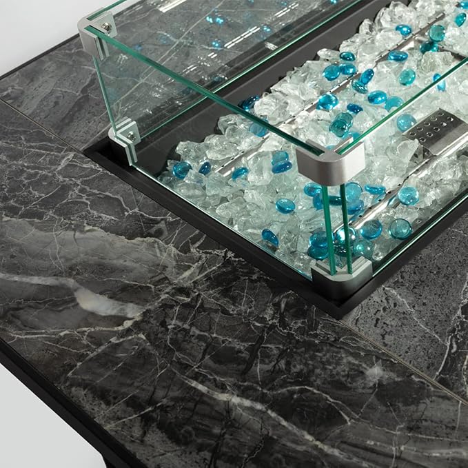 44in Outdoor Propane Gas Fire Pit Table, 50,000 BTU Auto-Ignition Gas Firepit with Glass Wind Guard, Marble Tile Tabletop, Mixed Color Glass Rocks, Brown PE Rattan