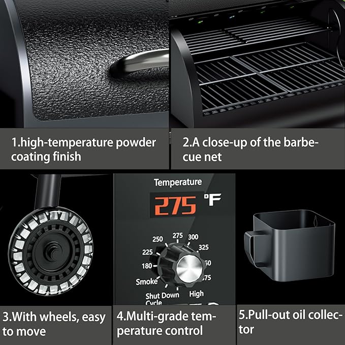 KingChii Electric Wood Pellet Grill & Smoker with Side Shelf, 456 SQ.IN Grill Capacity, with PID Temperature Control (180-425°F) for Backyard Camping Bake and Roast, Black with Cover