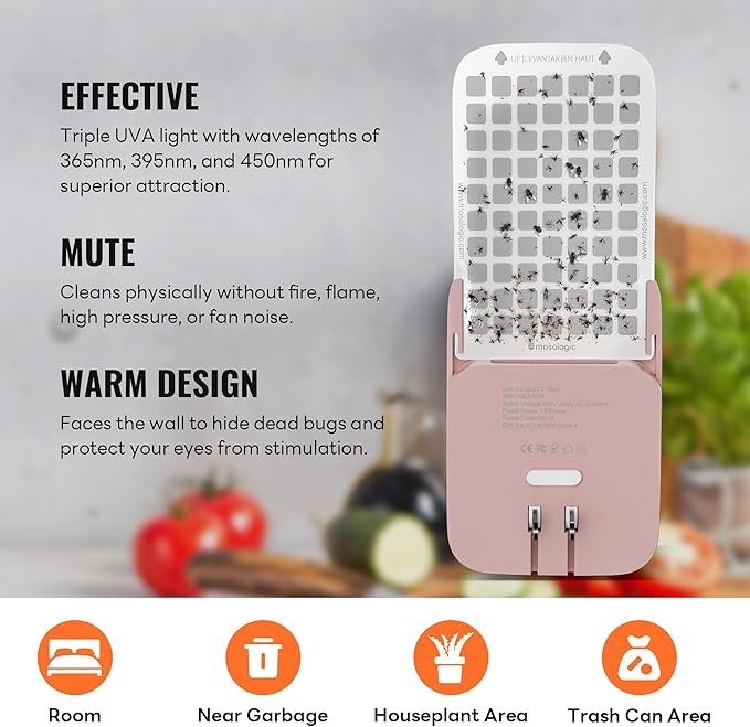 Mosalogic Fly Insect Trap Plug-in Fruit Flies Killer Gnat Trapper Moth Catcher Fly Trapper UV Attractant Catcher for 400 Sq Ft of Protection Pink-1PACK