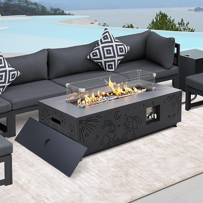 NICESOUL 42'' Natural Gas/Propane Fire Pit Rectangular, Low Profile Firepits with Tank Table for Outside Patio, 50000 BTU Outdoor Fireplace with LED Lights Lamp for Backyard Garden, CSA, Dark Grey