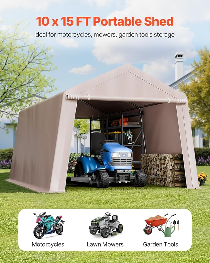 VEVOR Outdoor Storage Shed, 10 x 15 ft Portable Storage Tent with 2 Roll-up Doors & Vents, Waterproof Canopy Shed Shelter, Heavy Duty Frame, Patio Garage Carport for Motorcycle Lawn Mower, Beige