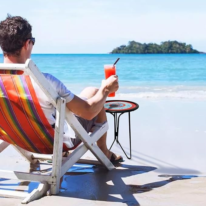 LIFFY Outdoor Side Tables, 12" Coffee Table Small Patio Table, Indoor Small Round Home Decorative End Table, Plant Stands Table Outside, for Yard Balcony Garden Bedside Pool Beach（Metal & Glass,Red）