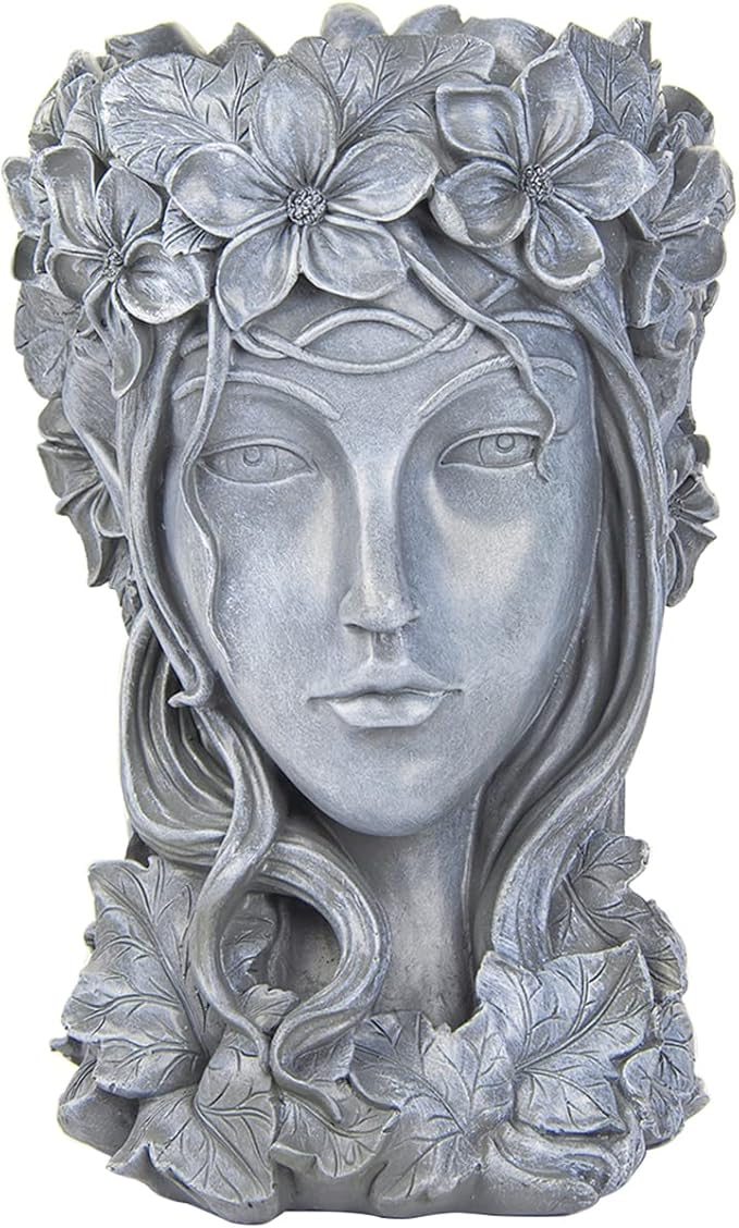 Sungmor Creative Goddess Head Planter Statue for Garden Ornaments | 9×9×14 Inch Premium Resin | Cool Face Large Diameter Flower Pot for Patio Lawn Garden Yard Decor