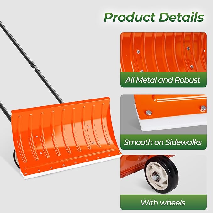 Walensee 30in Metal Snow Shovel for Driveway with Wheels, Snow Pusher Large Blade for Sidewalk Efficient Snow Removal, U-Shaped Handle, Heavy Duty Snow Shovels, Back Saver Snow Plow for Deck