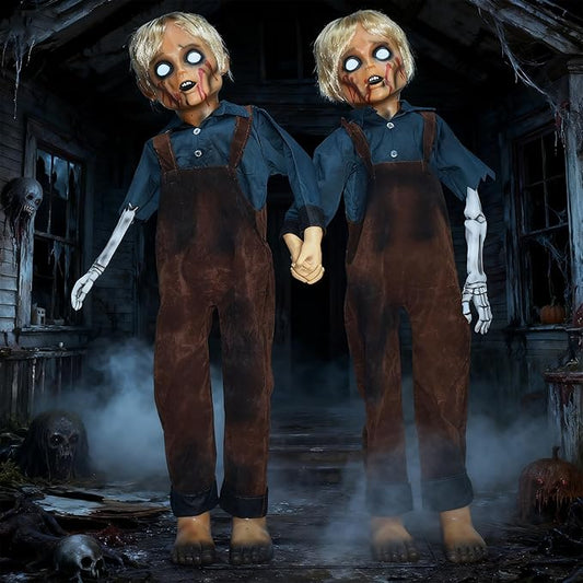 HOYECHI Animatronic Halloween Decorations Twin Boys 4.3ft – Scary Halloween Decorations for Yard, Motion & Sound Activated Outdoor Decor, Footstep & Touch Trigger