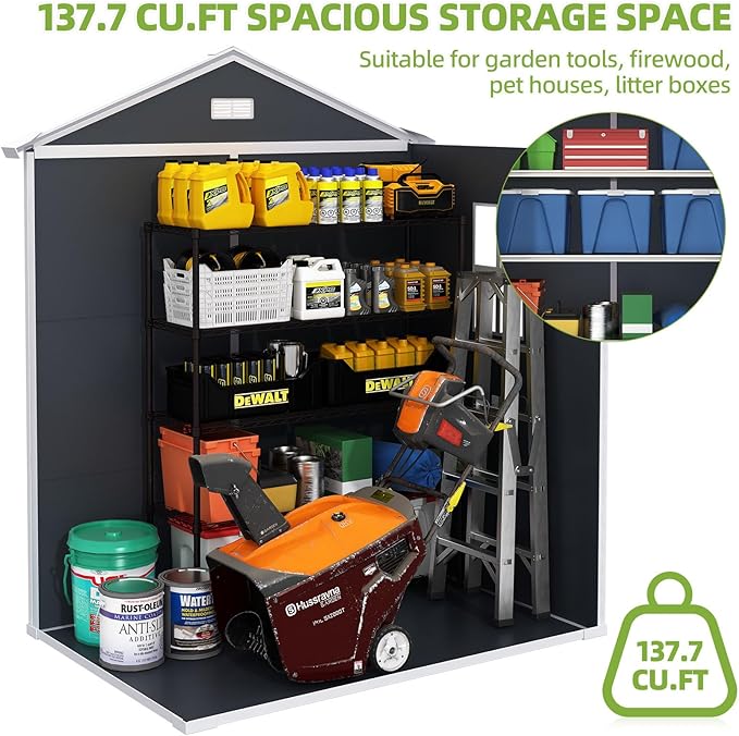 Outdoor Storage Shed 6x4.4FT, Resin Shed Plastic with Floor for Garden Tool,Waterproof Outdoor Resin Storage,Lockable Doors for Patio,Yard,Lawn (Darkgray 6x4)