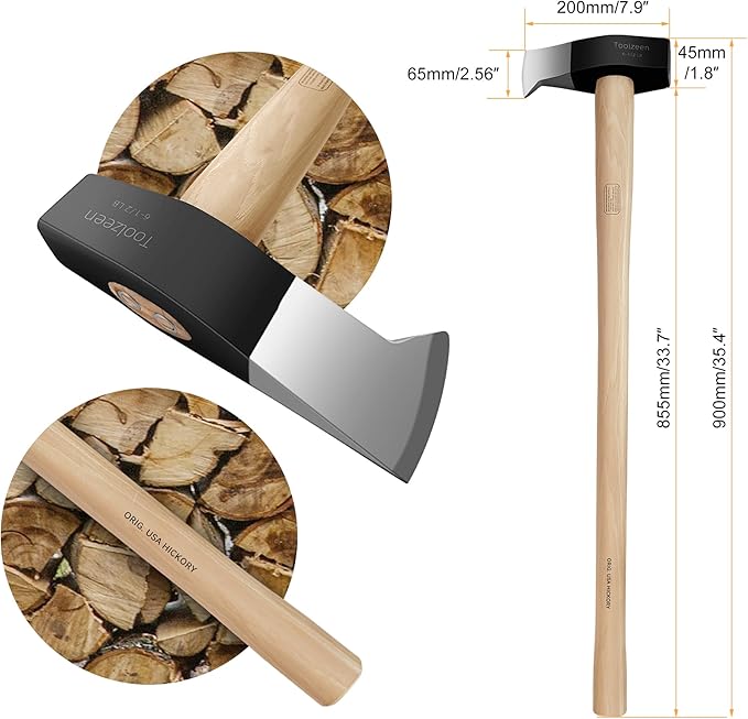 Splitting Maul- Wood Splitter Maul 6 1/2 lbs Head- Heavy Duty Wood Splitter Axe with 36" ergonomics Hickory Handle for Hardwood，Campfires，Firewood(36inch Splitting Maul)