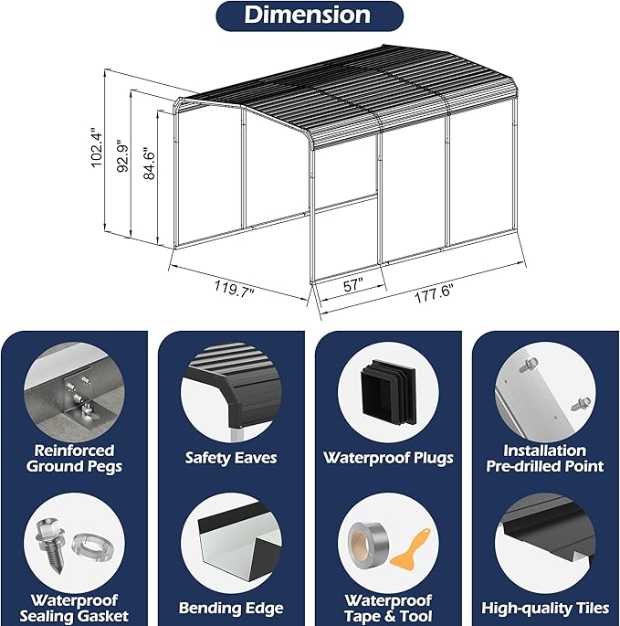 Xilingol Metal Carport, Heavy Duty Carport Canopy with Galvanized Steel Frame and Roof, Outdoor Storage Shed, Car Tent Garage Shelter for Pickup, Truck, Boat and Tractor, Grey (10x15 FT)