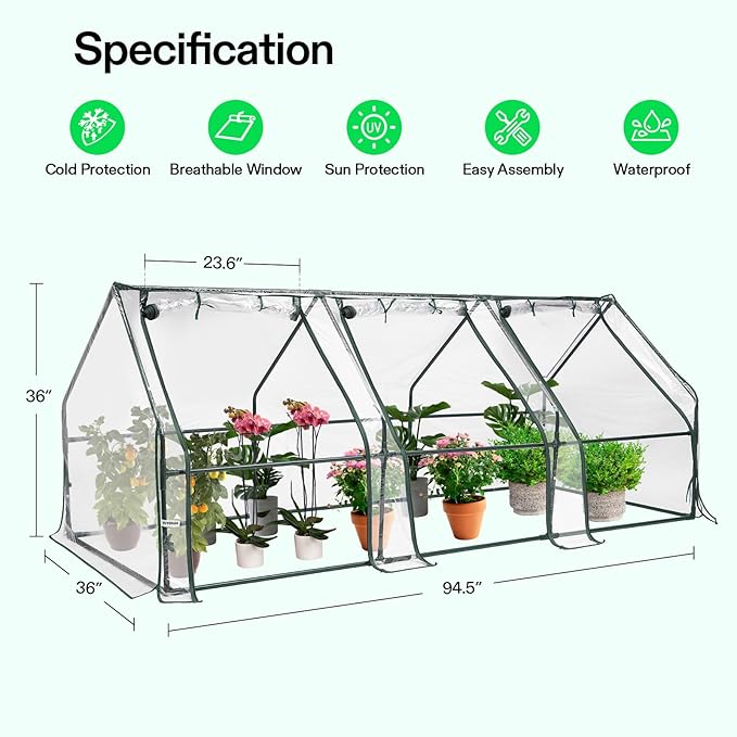 VIVOSUN Portable Mini Greenhouse 94.5x36x36-Inch Tunnels, PVC Cover with Roll-up Zipper Door, for Indoor Outdoor or Garden Plant Growing