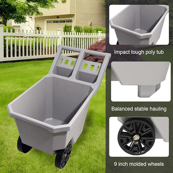 AAIN Wheel Barrel, 2 Wheel Wheelbarrow. 300 LB Yard Cart with 9 in Maintenance-Free Solid Wheels, Trash Cart with Wheels, Push/Pull Design, Grey