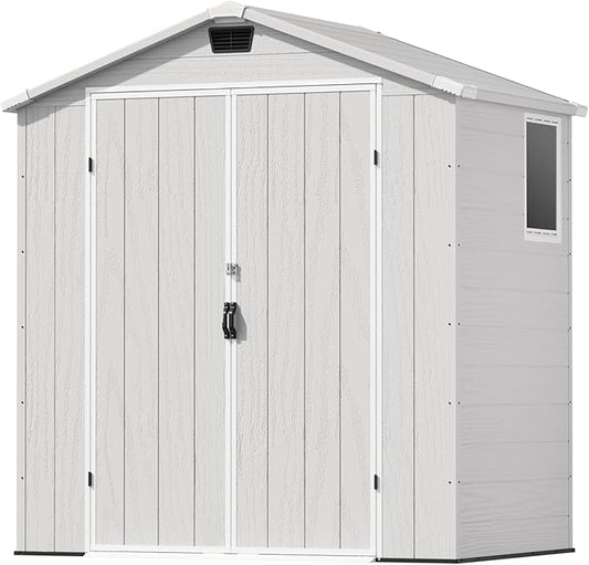 Patiowell 6 x 4 FT Outdoor Storage Shed, Plastic Tool Shed with Lockable Door & Window, Weather-Resistant Garden Shed with Floor for Backyard, Patio, Easy Assembly, Light Grey