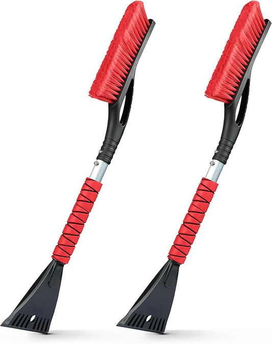 EcoNour 27" Car Snow Brush and Ice Scrapers for Car Windshield (Red- 2 Pack) | Scratch Free Bristle Head Snow Brush & Tough Window Snow Scraper with Aluminium Body