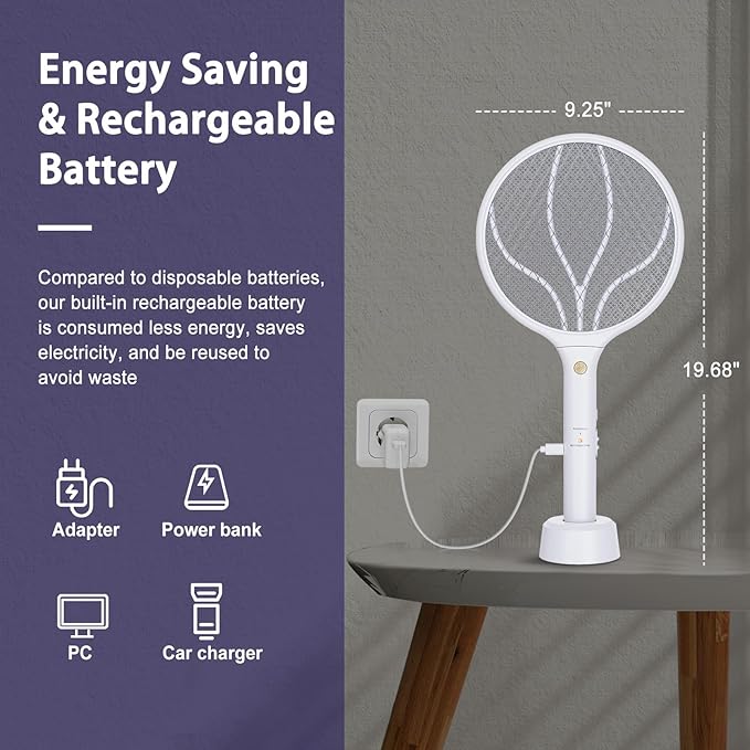Electric Fly Swatter Racket 3000V Bug Zappers 2 in 1 Mosquito Zappers USB Rechargeable, 1200mAh Mosquitoes Killer Lamp & Fly Zappers with 3 Layer Safety Mesh for Home, Bedroom, Kitchen, Patio (2 Pack)