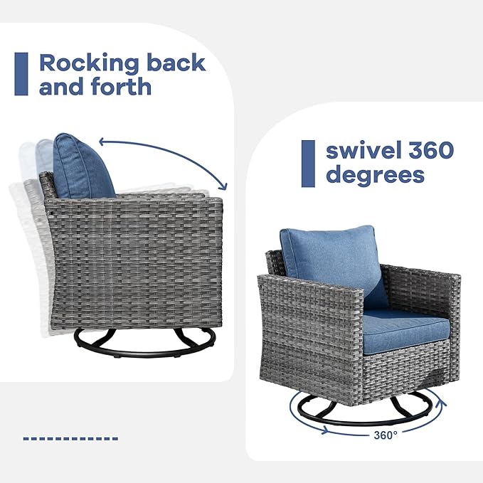 HOOOWOOO 8 Piece Patio Sectional Furniture Set with Swivel Rocking Chairs,Modern Wicker Outdoor Conversation Sofa Sets,Weather Resistant Modular L Shaped Outside Couch Set(Denime Blue)