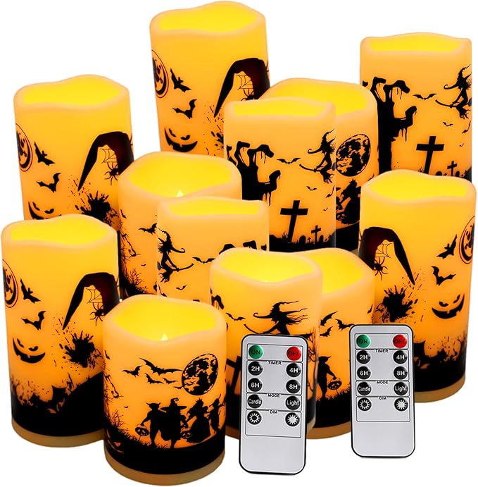 12-Pack Halloween-Flameless Led Pillar Candles，Remote Control and Timer Functions,