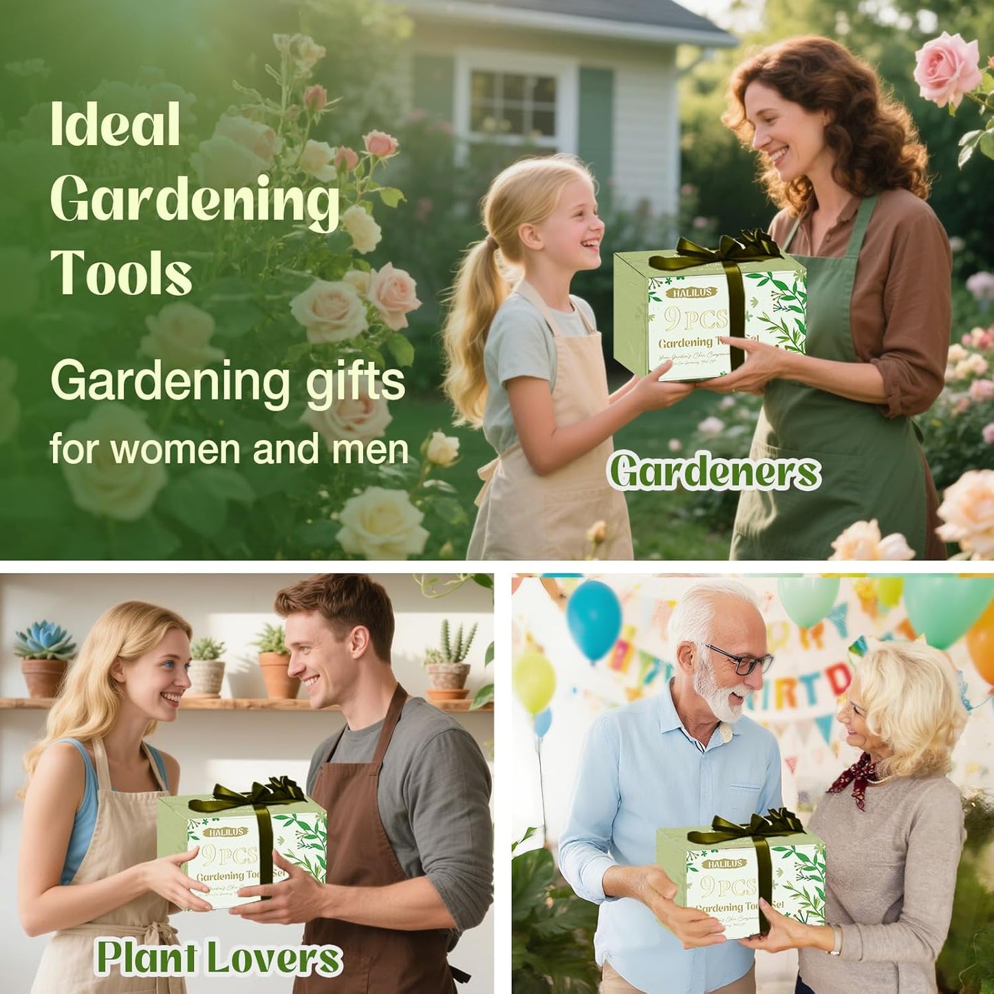 Garden Tools 9-Piece Heavy Duty Gardening Hand Tools with Floral Organizer Tote Bag, Rust-Proof Garden Tool Set, Thickened Repotting Mat, Gardening Gifts for Women Mom, Green