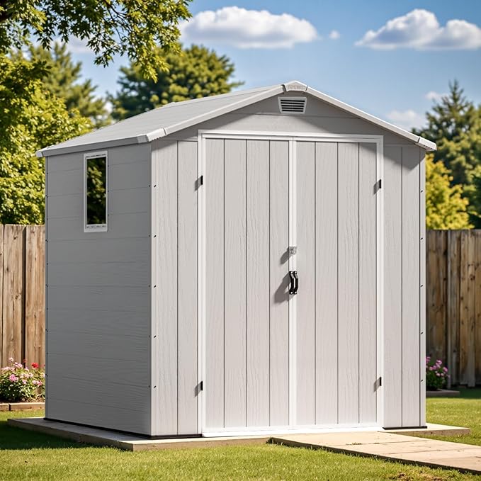 Patiowell 6 x 6 FT Outdoor Storage Shed with Lockable Door & Floor - Resin Garden Tool Shed with 2 Windows, Waterproof Easy Assembly for Backyard, Lawn Equipment, Patio Furniture Storage (Light Grey)