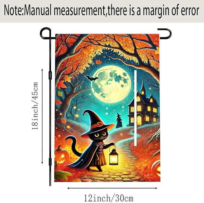 Halloween Garden Flag 11.81 x 17.72 Inch Black Cat in Witch Hat with Lantern Full Moon Haunted House Pumpkins and Autumn Leaves Outdoor Yard Decoration