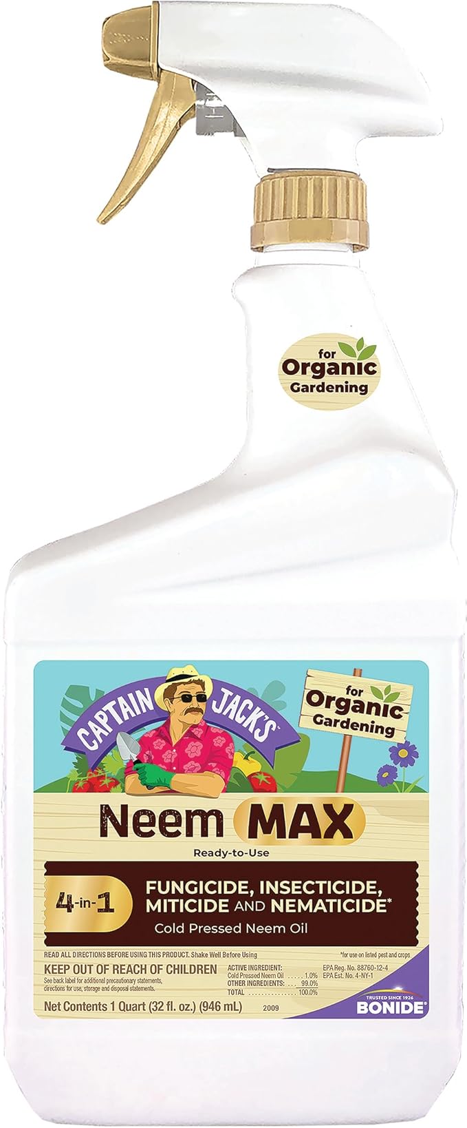 Bonide Captain Jack's Neem Max, 32 oz Ready-to-Use Spray Cold Pressed Neem Oil, Multi-Purpose Insecticide, Fungicide, Miticide and Nematicide for Organic Gardening