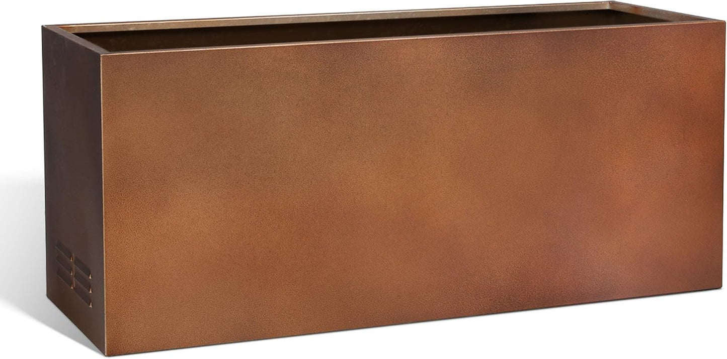 Worth Garden Metal Planter Box - 30" L x 11" W x 13" H Matte Bronze Heavy Duty Large Rectangular Steel Modern Plant Pot, Indoor Outdoor - Insert Plate with Drain Holes, Air Vents, No Assembly Required