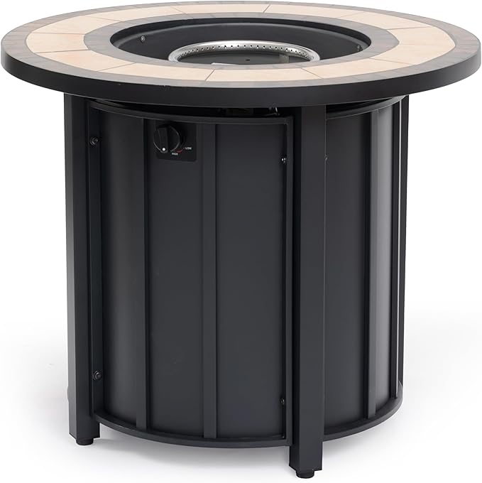 30'' Ceramic Round Propane Fire Pit Table, 50,000 BTU Steel Gas FirePit for Outdoor, Fire Table with Lid, Add Warmth & Ambience to Gatherings and Parties On Patio Deck Garden Backyard, Black.