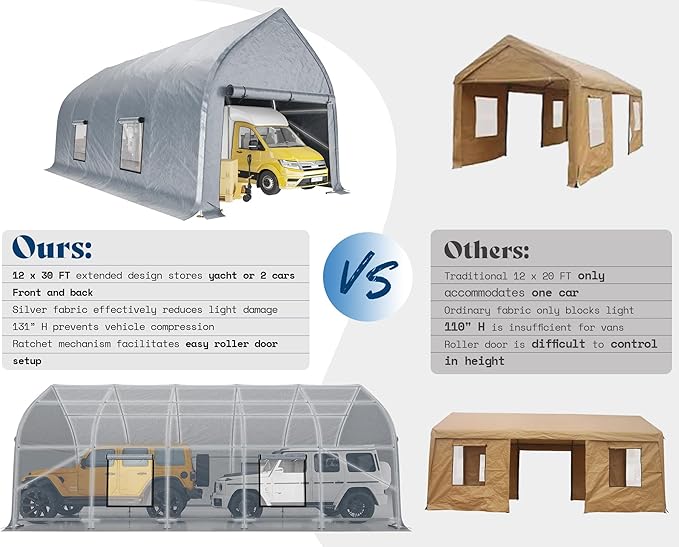 AMERLIFE 12 x 30 FT Walnut-Shaped Outdoor Carport, Heavy Duty Enclosed Carport, UV & Snow Resistant, Roll-Up Doors & Mesh Windows, for Trucks, Boats, Farm Equipment, Events, Silver Gray
