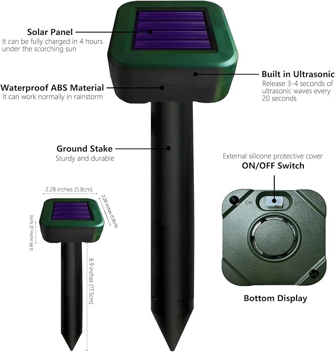 8 Pack Solar Mole Repellent, Outdoor Sonic Mole Spikes, Waterproof Deterrent Ultrasonic Animal Repellant Stakes to Get Gopher Snake Vole Possum Groundhog Rid of in Yard, Safe for Human and Pets