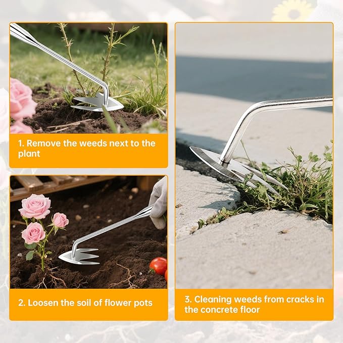 Manual Weed Remover Tool for Lawn and Garden, Heavy-Duty Weed Puller Tool 3-Tooth with Ergonomic Handle, Uprooting Weeding Tool for Gardening Backyard Farm