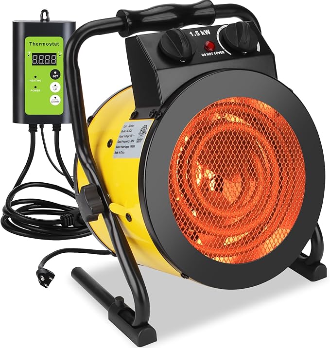 Greenhouse Heater with Digital Thermostat - 1500W Portable Outdoor Heaters for Patio, Fast Heating, Overheat Protection, Electric Space Heater for Greenhouse, Grow Tents, Patio, Yellow