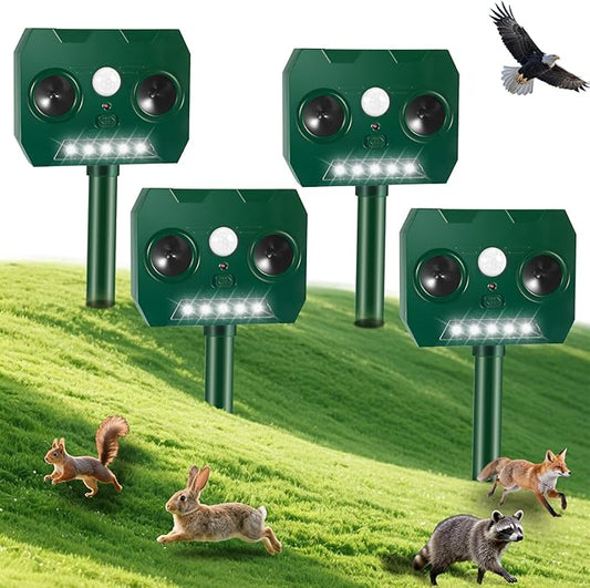 2025 Racoon Squirrel Sonic Fortress Pro Rabbit Repellent Outdoor, Solar Ultrasonic Animal Repeller Deer Deterrent with Motion Sensor&Flash Light to Scare Cat Dog Skunk Out of Garden Farm Yard(4Pack)