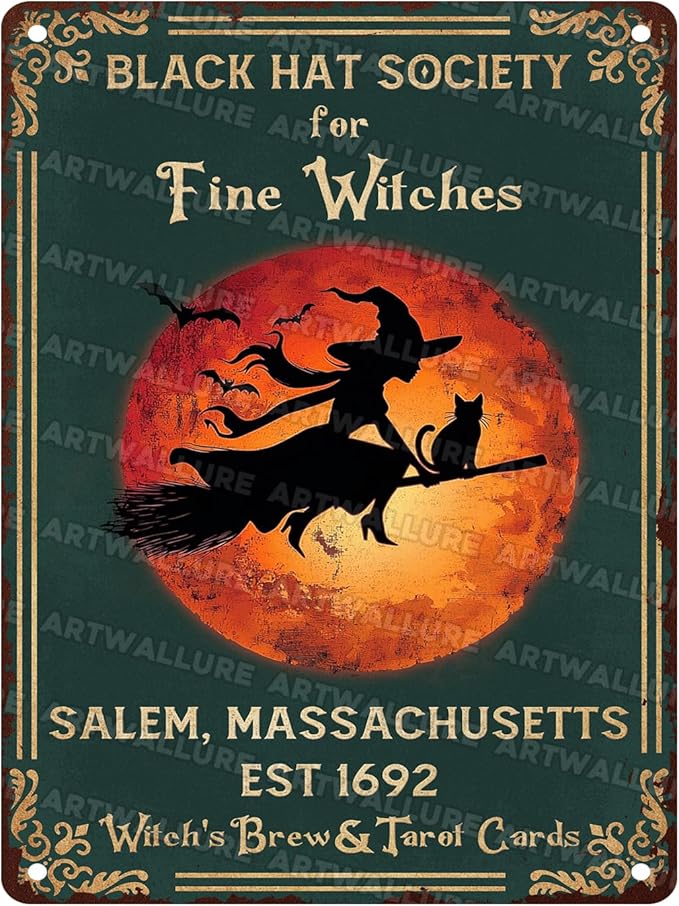 Black Hat Society for Fine Witches Vintage Retro Metal Tin Sign Rustic Wall Decor Witch Halloween Art Metal Plaque for Home Bar Cafe Farmhouse 12x16inch