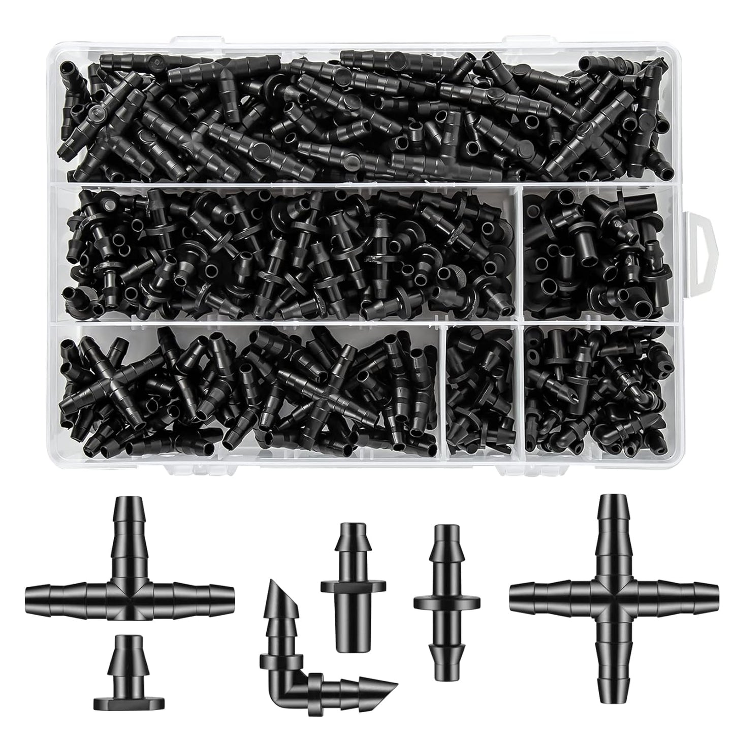 300 Pcs Barbed Connectors Drip Irrigation Fittings Kit, 1/4" Drip Irrigation Kit for Garden Flower Pot Greenhouse Lawn (Straight Barbs,Single Barbs,Tees,Elbows,End Plug,4-Way Coupling)