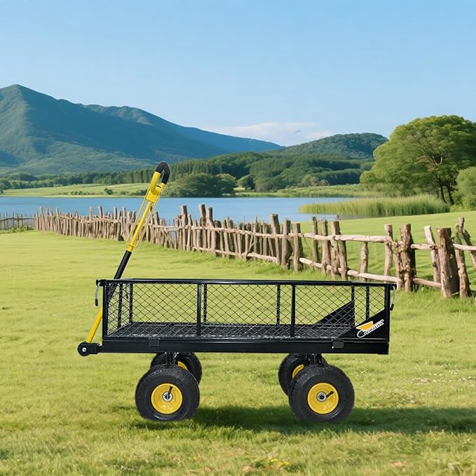 950 lbs Steel Garden Cart, Heavy Duty Yard Utility Wagon with 10" Pneumatic Tires, Removable Mesh Sides and 180° Rotating Anti-Slip 2-in-1 Convertible Handle