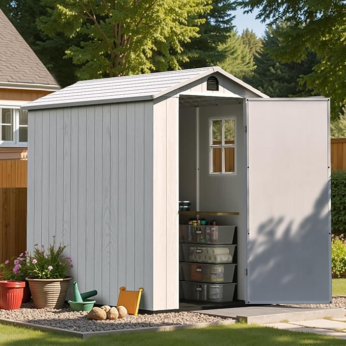 Patiowell 4 x 6 Resin Storage Shed, Outdoor Plastic Garden Shed with Lockable Door & Window, Easy Assembly Tool Shed for Backyard, Light Gray